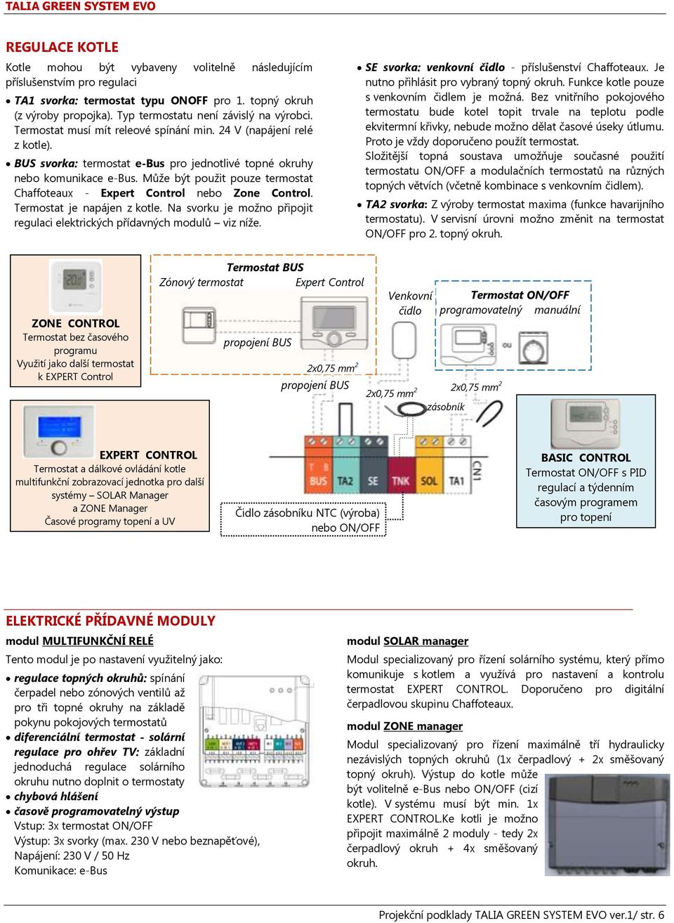 Může být použit pouze termostat Chaffoteaux - Expert Control nebo Zone Control. Termostat je napájen z kotle. Na svorku je možno připojit regulaci elektrických přídavných modulů viz níže.