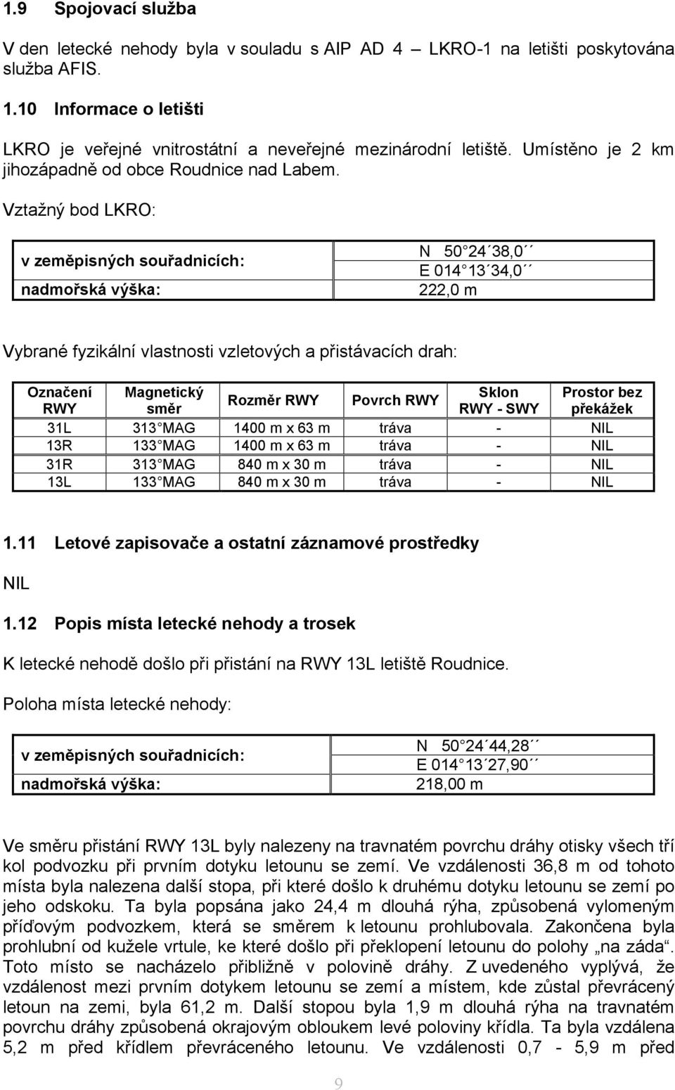 Vztažný bod LKRO: v zeměpisných souřadnicích: nadmořská výška: N 50 24 38,0 E 014 13 34,0 222,0 m Vybrané fyzikální vlastnosti vzletových a přistávacích drah: Označení RWY Magnetický Sklon Rozměr RWY