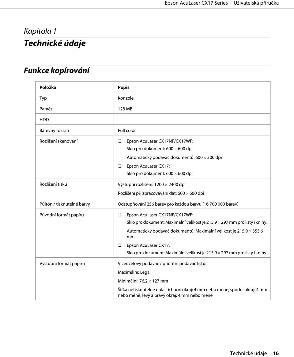 dat: 600 600 dpi Odstupňování 256 barev pro každou barvu (16 700 000 barev) Původní formát papíru Epson AcuLaser CX17NF/CX17WF: Sklo pro dokument: Maximální velikost je 215,9 297 mm pro listy i knihy.