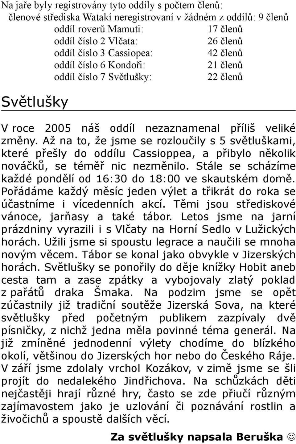 Až na to, že jsme se rozloučily s 5 světluškami, které přešly do oddílu Cassioppea, a přibylo několik nováčků, se téměř nic nezměnilo.