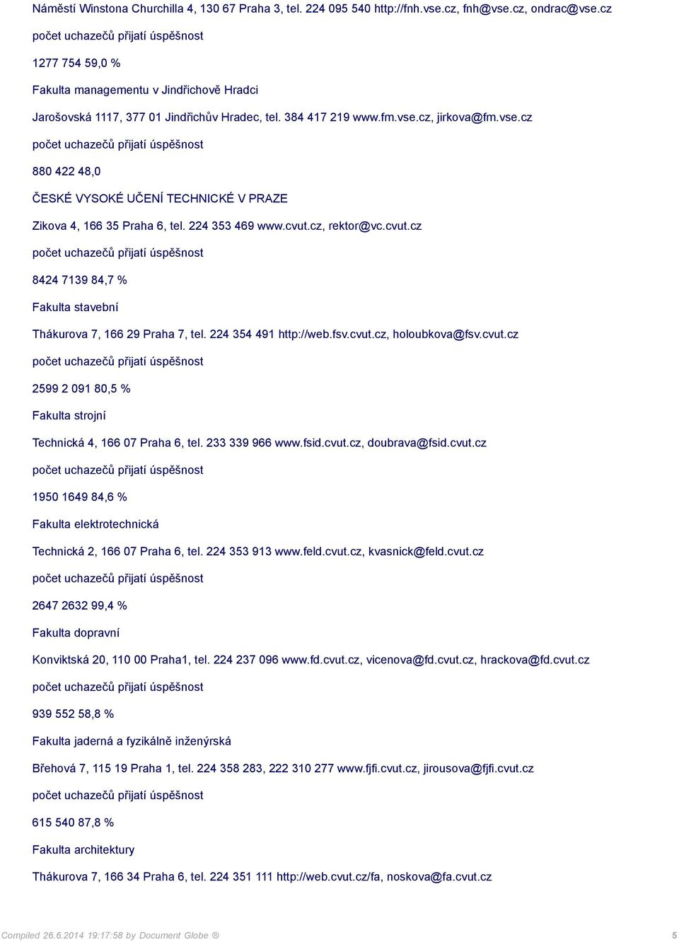 cz, jirkova@fm.vse.cz 880 422 48,0 ČESKÉ VYSOKÉ UČENÍ TECHNICKÉ V PRAZE Zikova 4, 166 35 Praha 6, tel. 224 353 469 www.cvut.cz, rektor@vc.cvut.cz 8424 7139 84,7 % Fakulta stavební Thákurova 7, 166 29 Praha 7, tel.