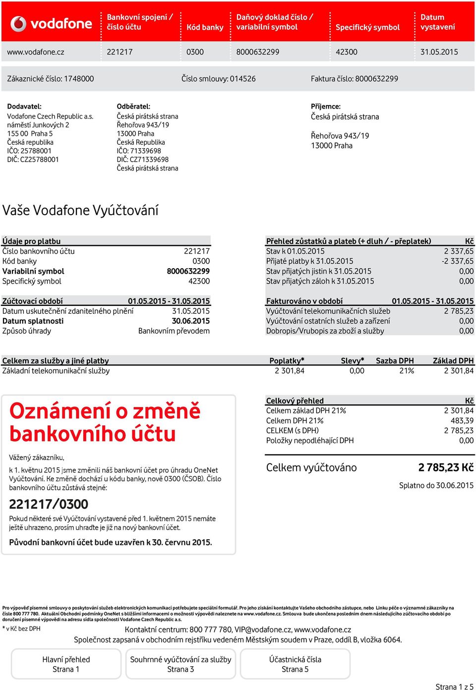 CZ25788001 DIČ: CZ71339698 Česká pirátská strana Vaše Vodafone Vyúčtování Údaje pro platbu Číslo bankovního účtu Variabilní symbol 221217 0300 8000632299 42300 Přehled zůstatků a plateb (+ dluh / -