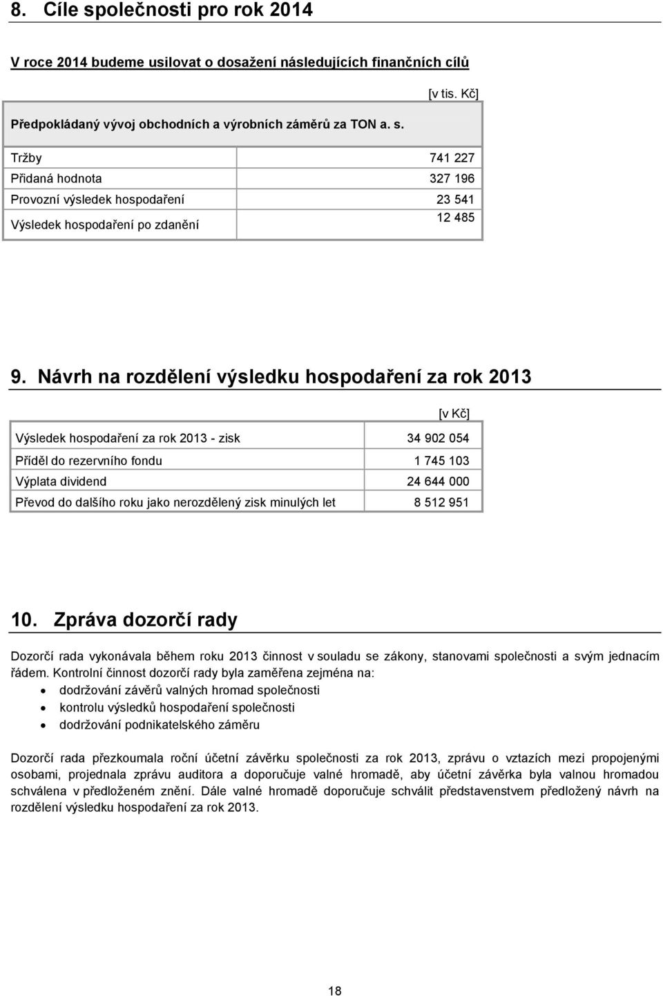 jako nerozdělený zisk minulých let 8 512 951 10. Zpráva dozorčí rady Dozorčí rada vykonávala během roku 2013 činnost v souladu se zákony, stanovami společnosti a svým jednacím řádem.