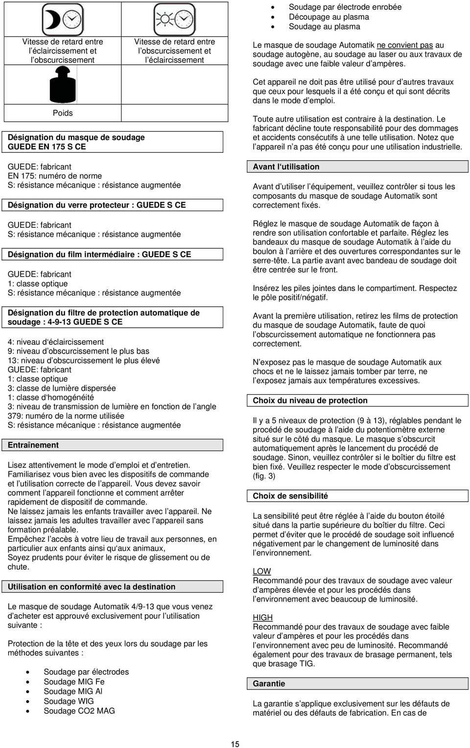 Poids Désignation du masque de soudage GUEDE EN 175 S CE GUEDE: fabricant EN 175: numéro de norme S: résistance mécanique : résistance augmentée Désignation du verre protecteur : GUEDE S CE GUEDE: