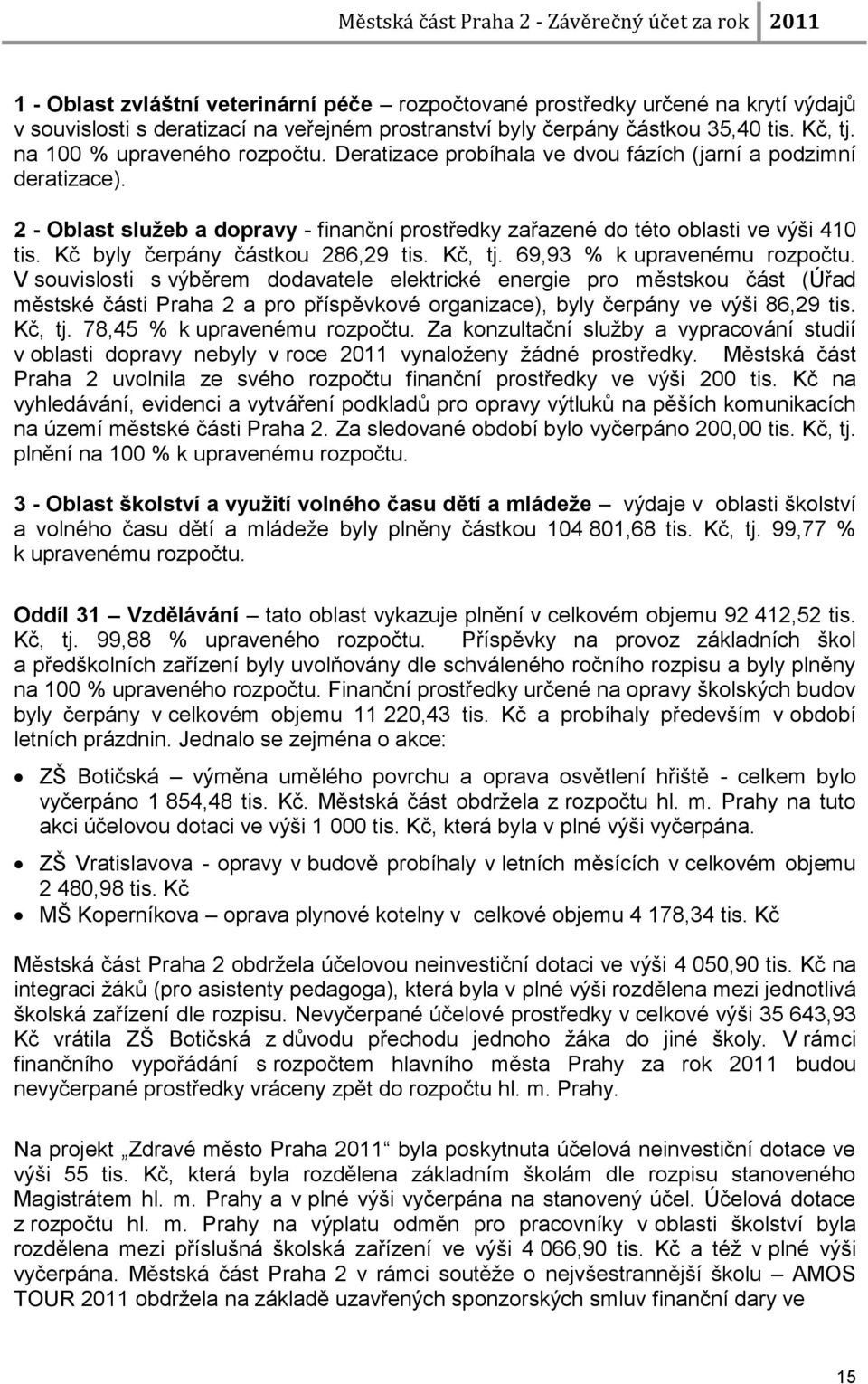 Kč byly čerpány částkou 286,29 tis. Kč, tj. 69,93 % k upravenému rozpočtu.