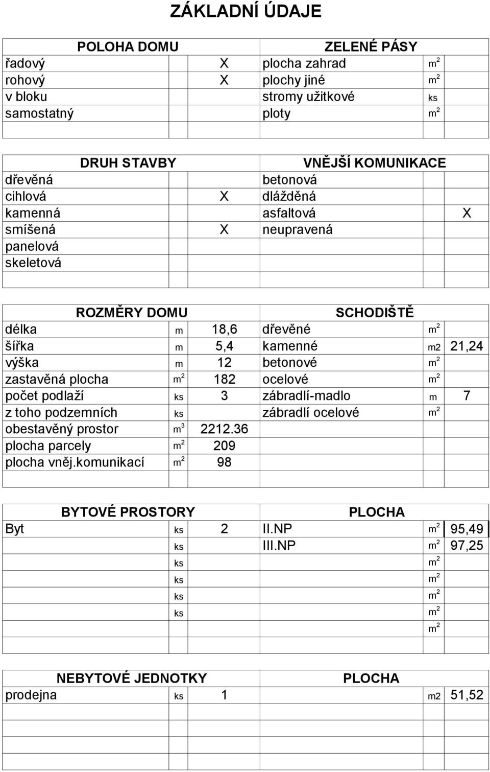 výška m 2 betonové m 2 zastavěná plocha m 2 82 ové m 2 podlaží ks 3 zábradlí-madlo m 7 z toho podzemních ks zábradlí ové m 2 obestavěný prostor m 3 222.