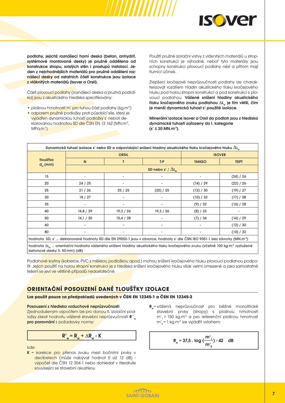 Části plovoucí podlahy (roznášecí deska a pružná podložka) jsou z akustického hlediska specifikovány: plošnou hmotností m pro tuhou část podlahy (kg.