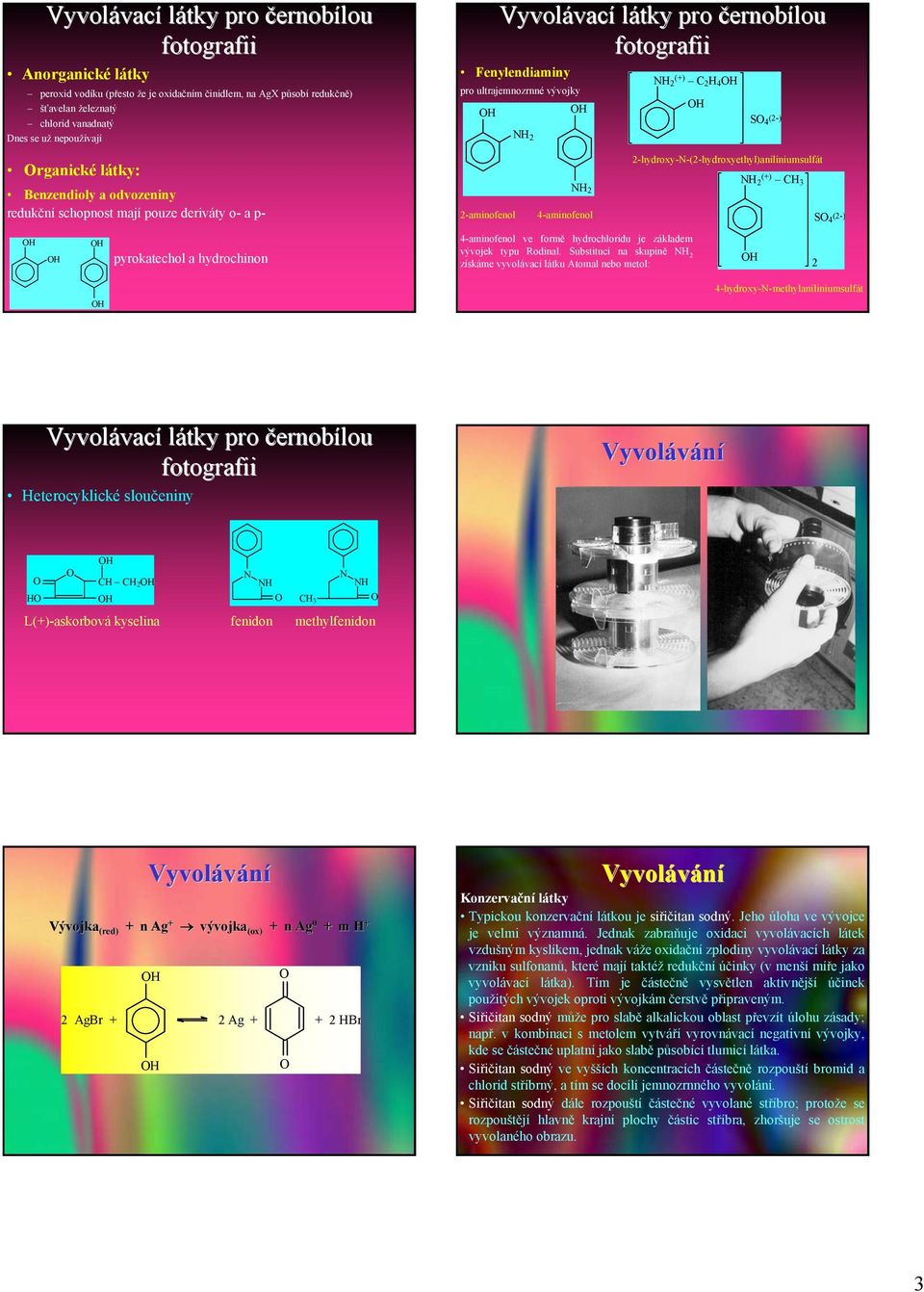 (2-) 2-hydroxy--(2-hydroxyethyl)aniliniumsulfát H (+) 2 CH 3 H 2 2-aminofenol 4-aminofenol S 4 (2-) pyrokatechol a hydrochinon 4-aminofenol ve formě hydrochloridu je základem vývojek typu Rodinal.