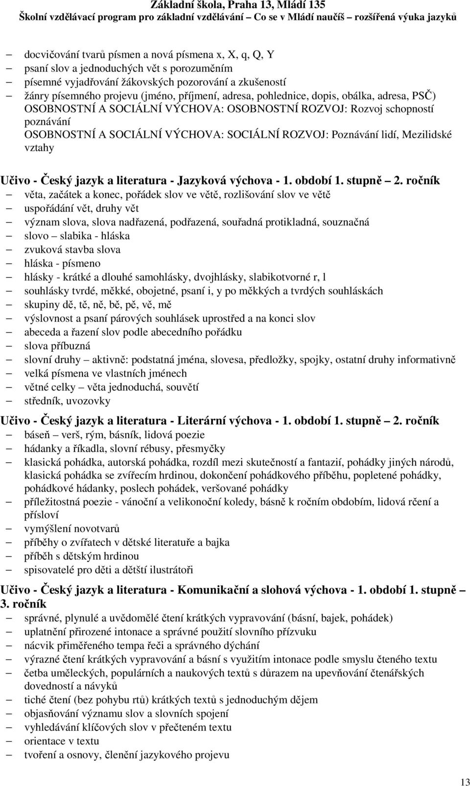 Mezilidské vztahy Učivo - Český jazyk a literatura - Jazyková výchova - 1. období 1. stupně 2.