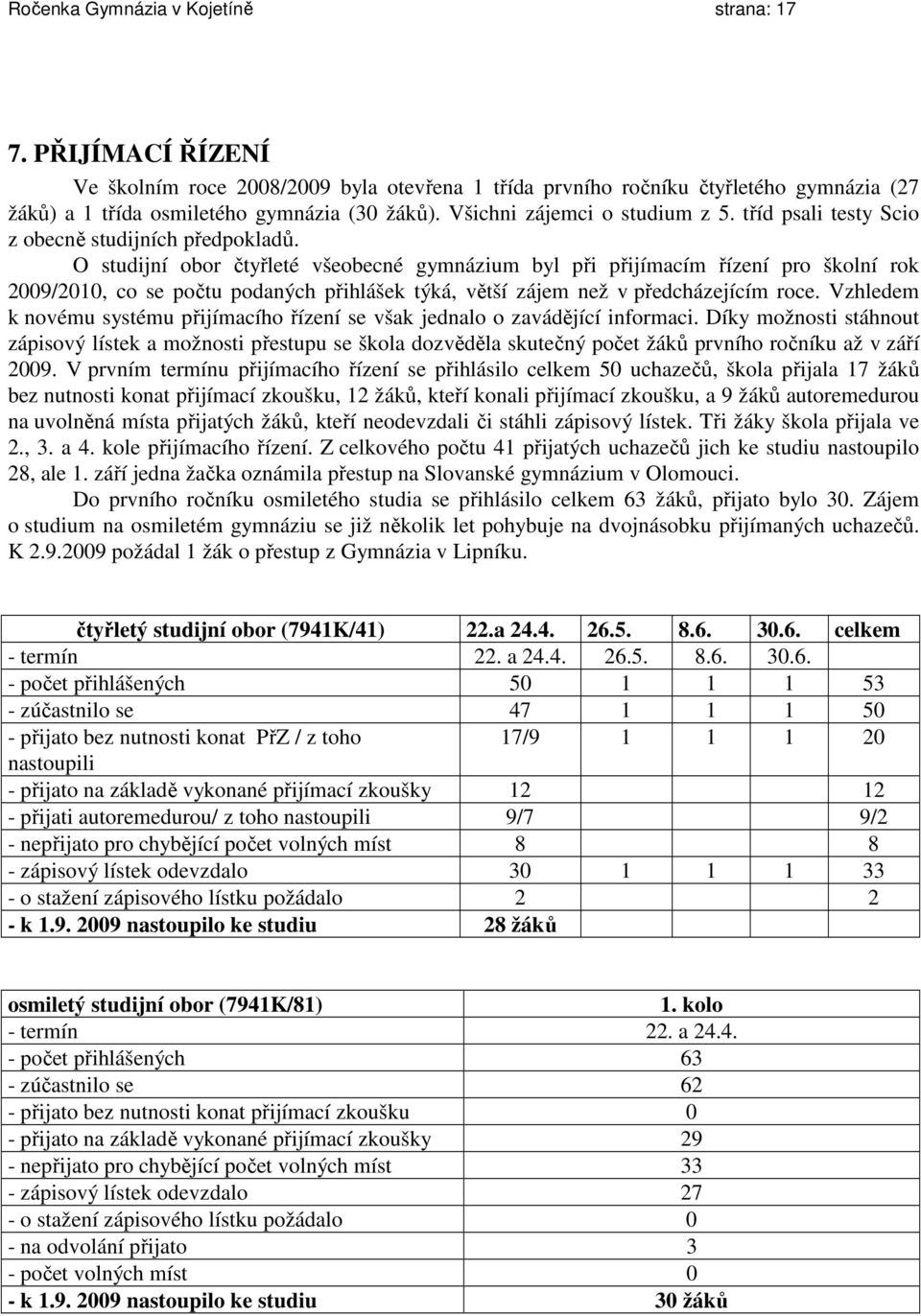 O studijní obor čtyřleté všeobecné gymnázium byl při přijímacím řízení pro školní rok 2009/2010, co se počtu podaných přihlášek týká, větší zájem než v předcházejícím roce.