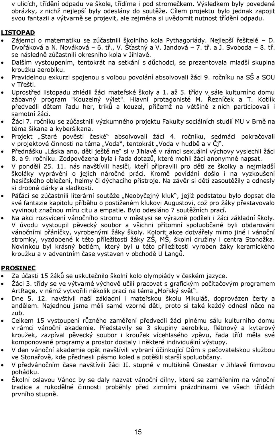 Nejlepší řešitelé D. Dvořáková a N. Nováková 6. tř., V. Šťastný a V. Jandová 7. tř. a J. Svoboda 8. tř. se následně zúčastnili okresního kola v Jihlavě.