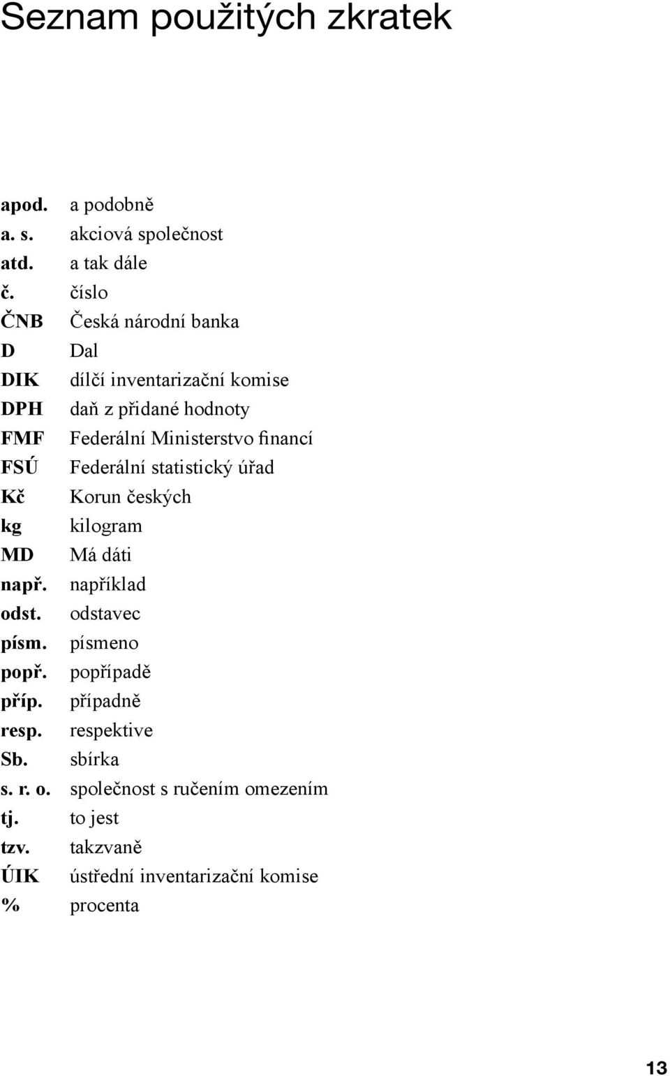 financí FSÚ Federální statistický úřad Kč Korun českých kg kilogram MD Má dáti např. například odst. odstavec písm.