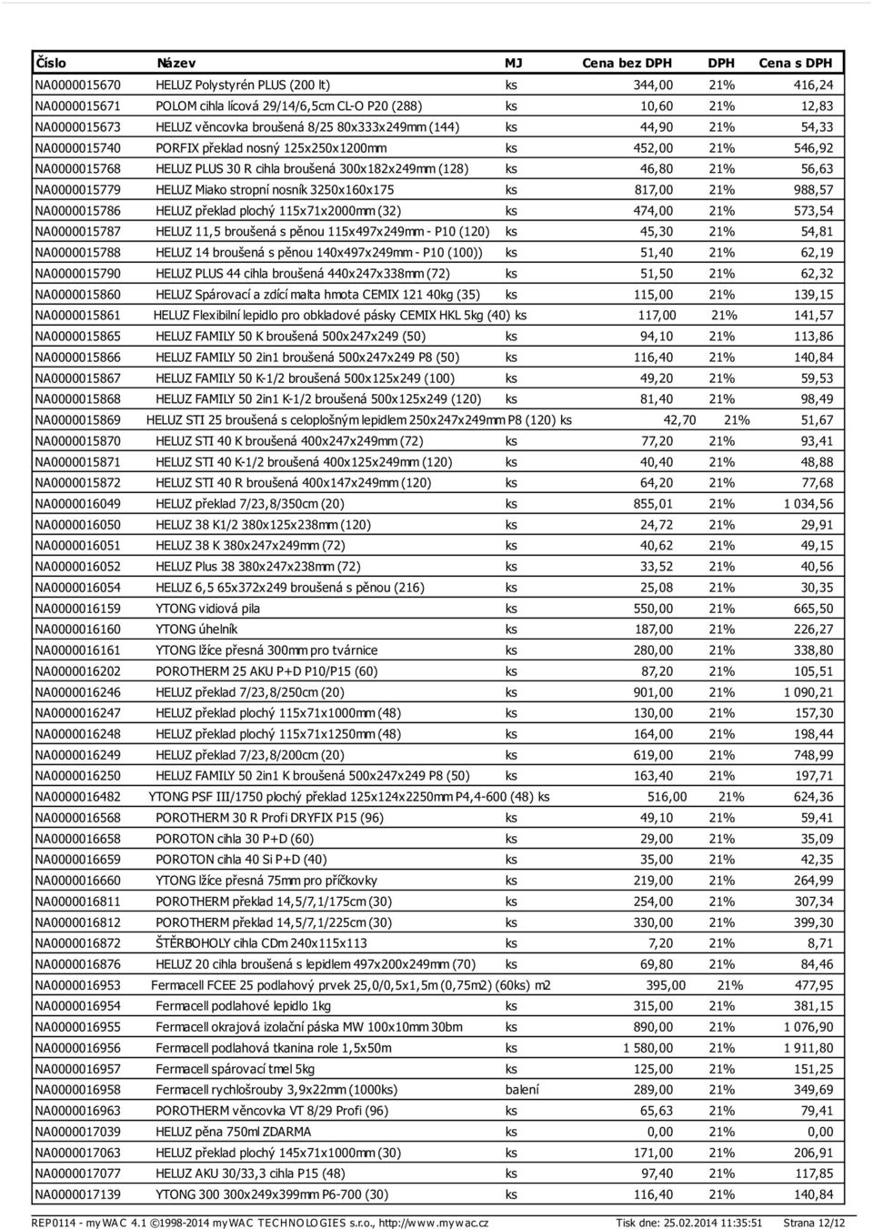 Miako stropní nosník 3250x160x175 ks 817,00 21% 988,57 NA0000015786 HELUZ překlad plochý 115x71x2000mm (32) ks 474,00 21% 573,54 NA0000015787 HELUZ 11,5 broušená s pěnou 115x497x249mm - P10 (120) ks