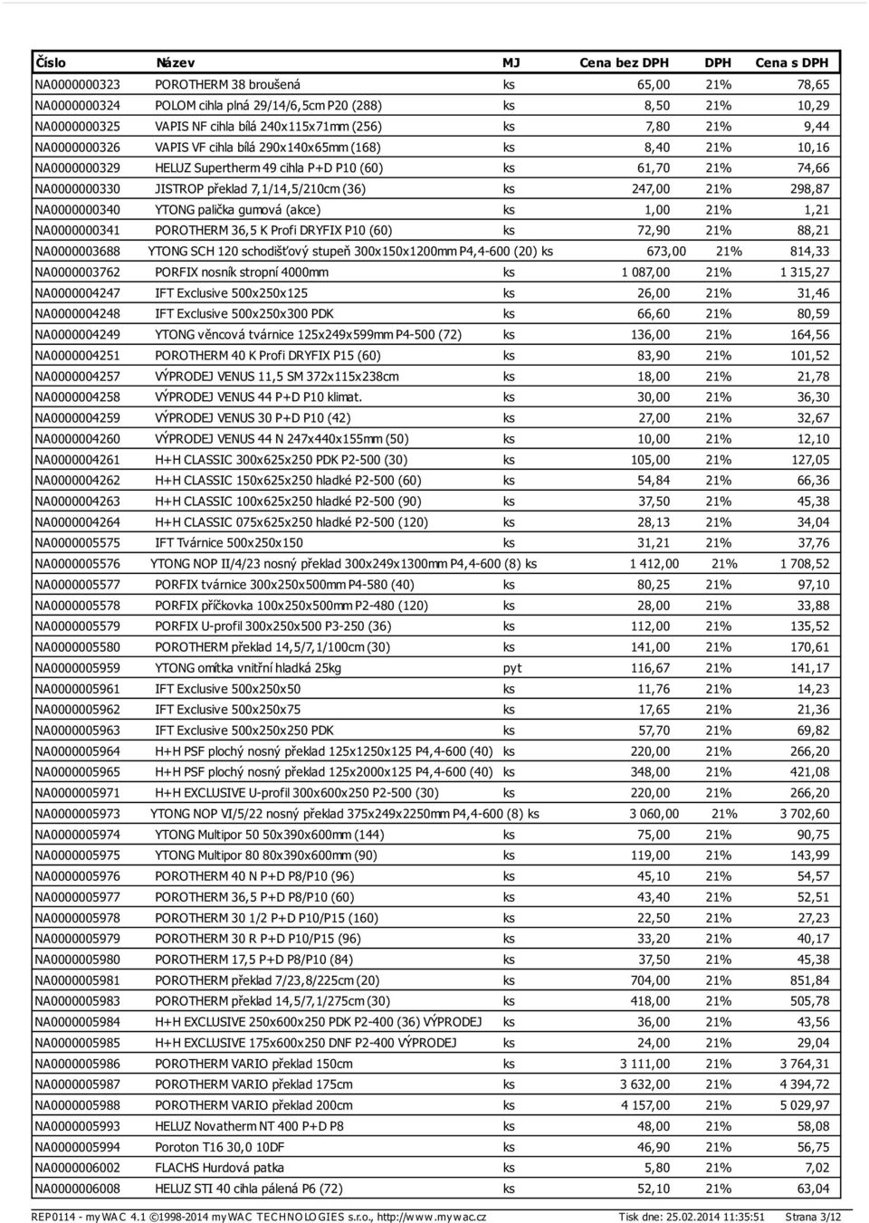 21% 298,87 NA0000000340 YTONG palička gumová (akce) ks 1,00 21% 1,21 NA0000000341 POROTHERM 36,5 K Profi DRYFIX P10 (60) ks 72,90 21% 88,21 NA0000003688 YTONG SCH 120 schodišťový stupeň