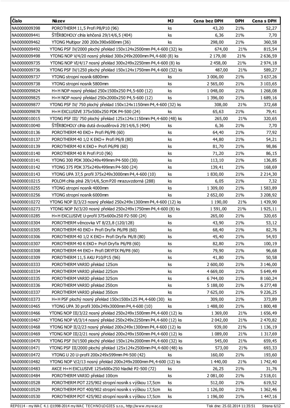 636,59 NA0000009735 YTONG NOP VI/4/17 nosný překlad 300x249x2250mm P4,4-600 (8) ks 2 458,00 21% 2 974,18 NA0000009736 YTONG PSF IV/1250 plochý překlad 150x124x1750mm P4,4-600 (32) ks 487,00 21%