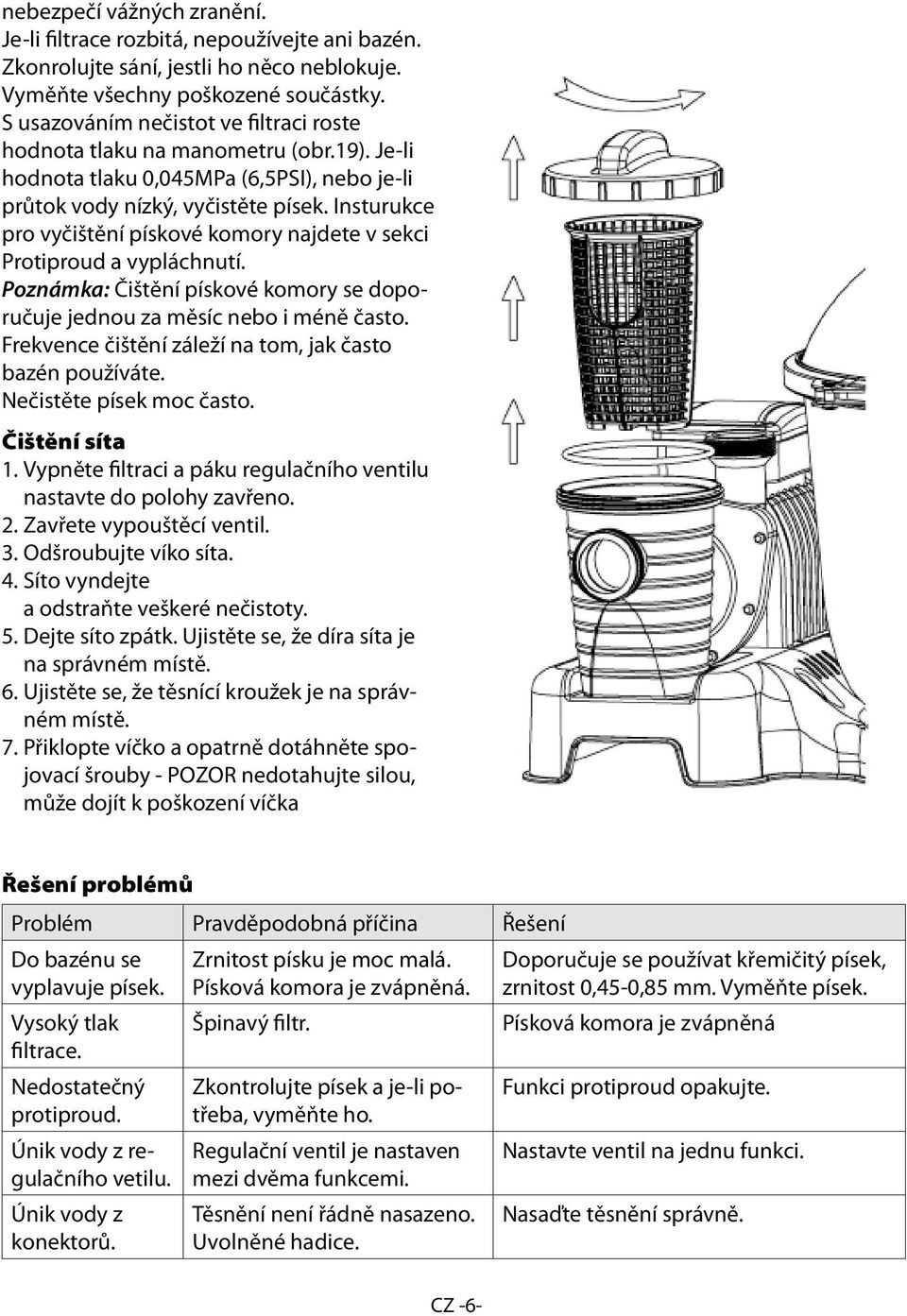 Insturukce pro vyčištění pískové komory najdete v sekci Protiproud a vypláchnutí. Poznámka: Čištění pískové komory se doporučuje jednou za měsíc nebo i méně často.