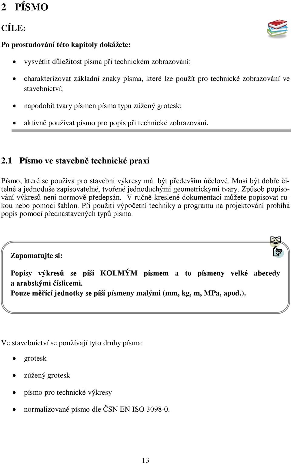 1 Písmo ve stavebně technické praxi Písmo, které se používá pro stavební výkresy má být především účelové. Musí být dobře čitelné a jednoduše zapisovatelné, tvořené jednoduchými geometrickými tvary.