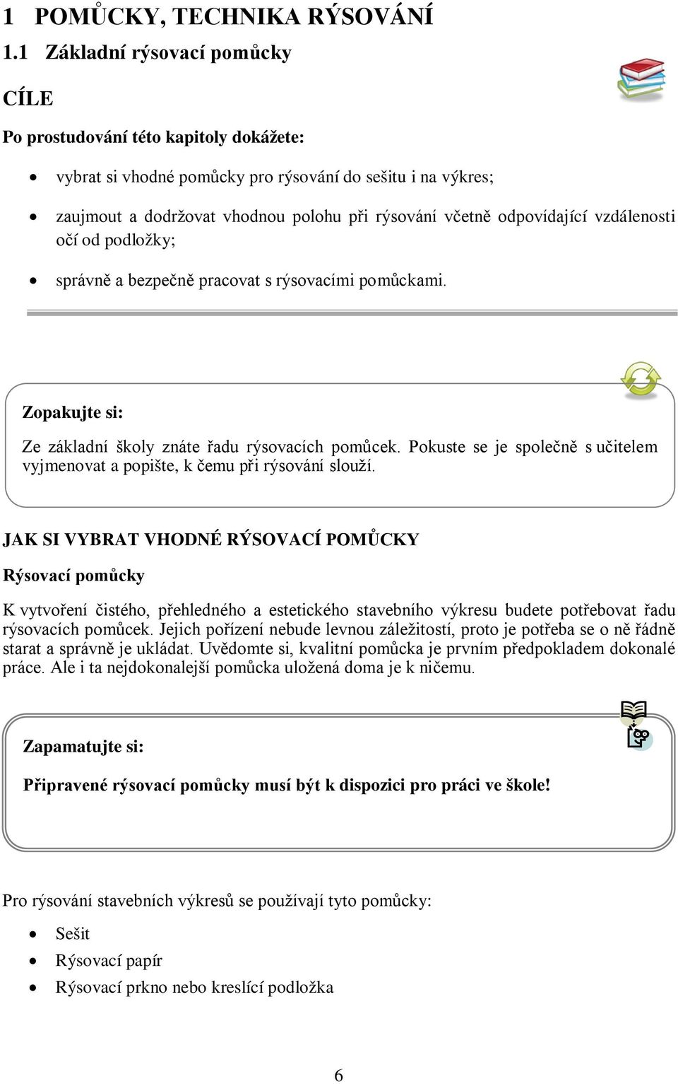 odpovídající vzdálenosti očí od podložky; správně a bezpečně pracovat s rýsovacími pomůckami. Zopakujte si: Ze základní školy znáte řadu rýsovacích pomůcek.