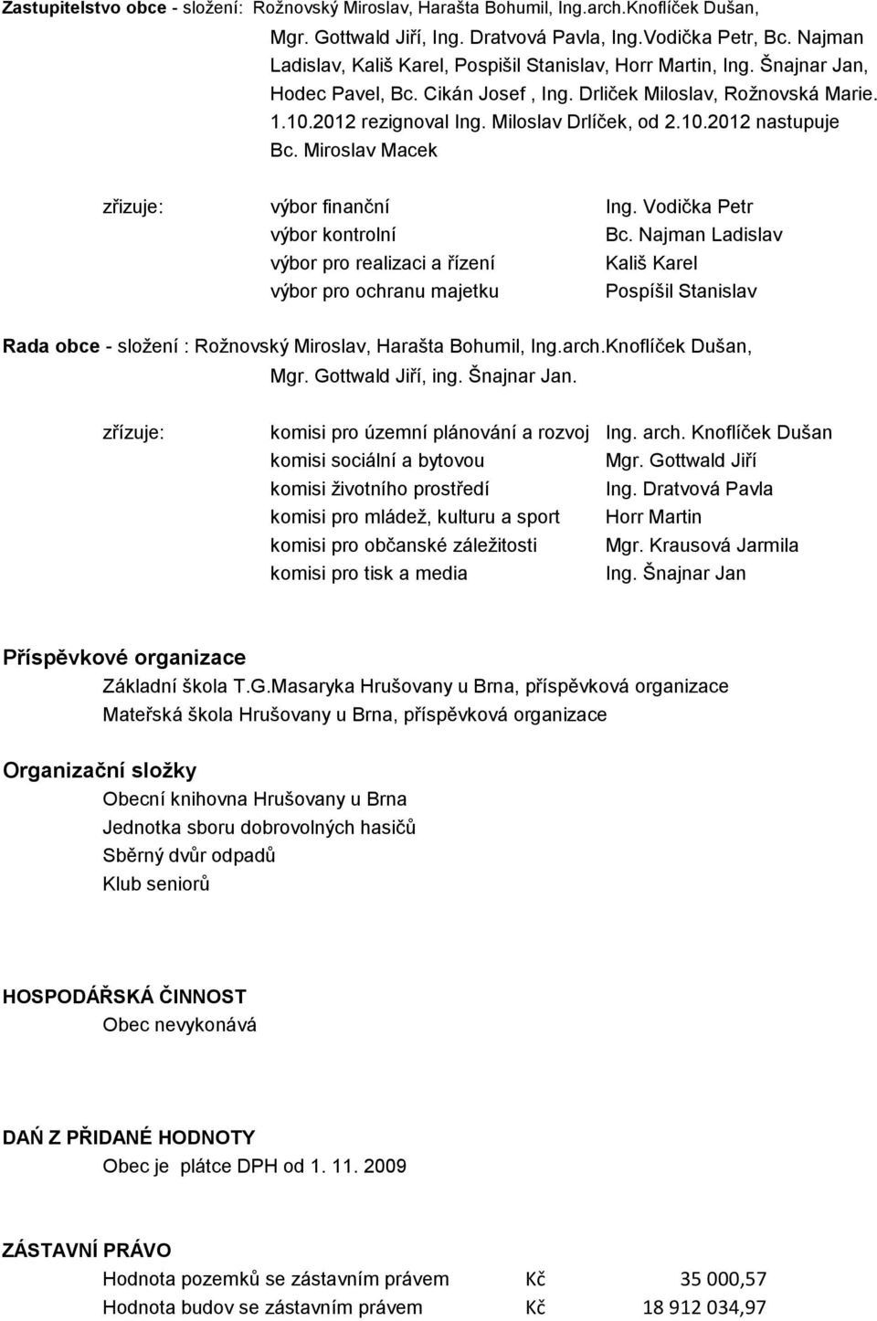 10.2012 nastupuje Bc. Miroslav Macek zřizuje: výbor finanční Ing. Vodička Petr výbor kontrolní Bc.
