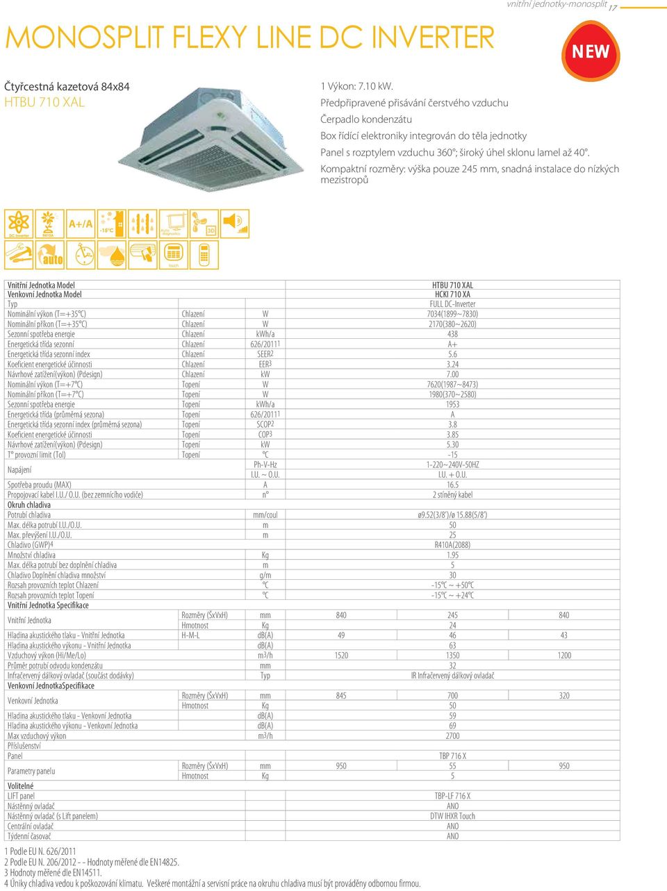 Kompaktní rozměry: výška pouze 245 mm, snadná instalace do nízkých mezistropů Vnitřní Jednotka Model HTBU 710 XAL Venkovní Jednotka Model HCKI 710 XA Typ FULL DC-Inverter Nominální výkon (T=+35 C)