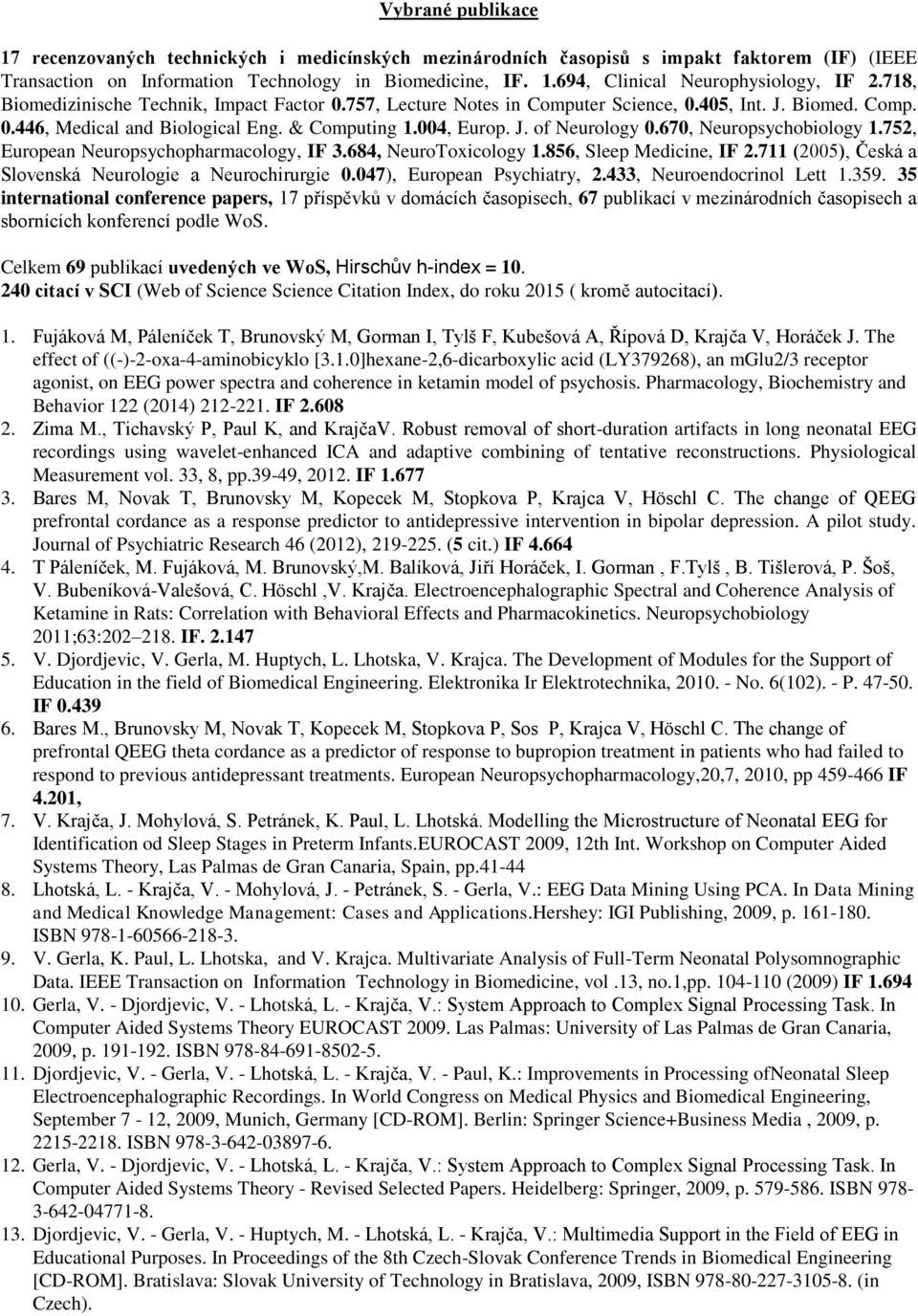 670, Neuropsychobiology 1.752, European Neuropsychopharmacology, IF 3.684, NeuroToxicology 1.856, Sleep Medicine, IF 2.711 (2005), Česká a Slovenská Neurologie a Neurochirurgie 0.