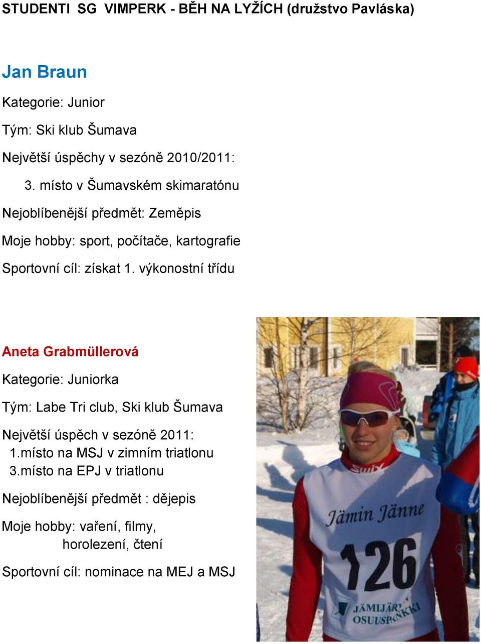 výkonostní třídu Aneta Grabmüllerová Kategorie: Juniorka Tým: Labe Tri club, Ski klub Šumava Největší úspěch v sezóně 2011: na MSJ v