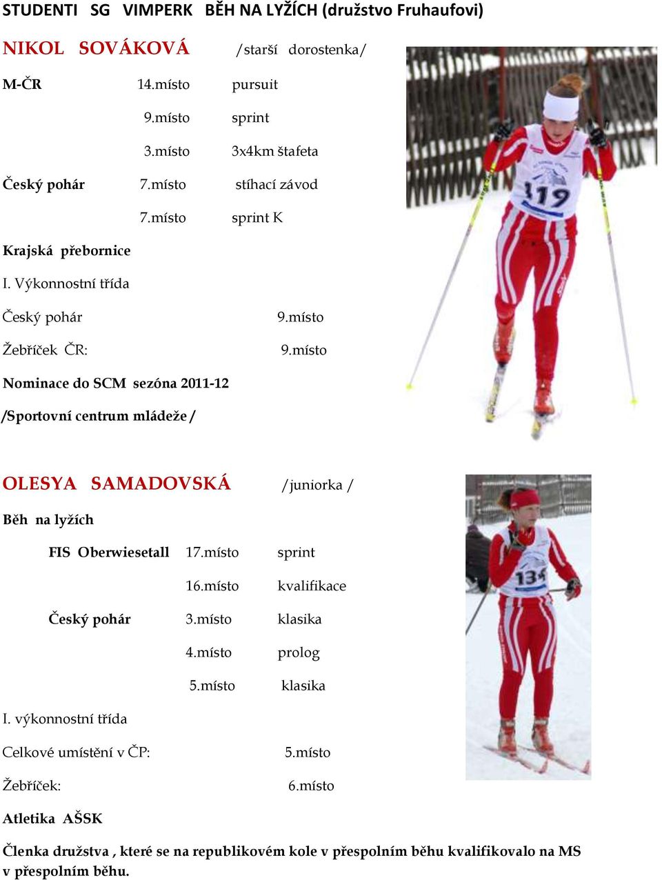 místo Nominace do SCM sezóna 2011-12 /Sportovní centrum mládeže / OLESYA SAMADOVSKÁ /juniorka / Běh na lyžích FIS Oberwiesetall 17.místo sprint 16.