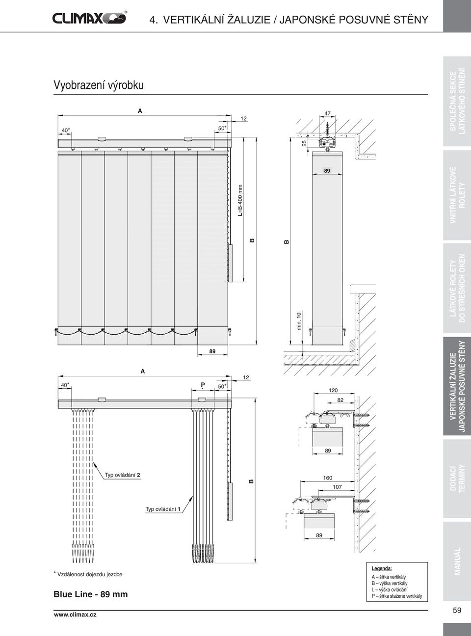 10 40* P 50* 0 82 VERTIKÁLNÍ ŽLUZIE JPONSKÉ POSUVNÉ STĚNY Typ ovládání 2 160 107 DODÍ Typ ovládání 1 *