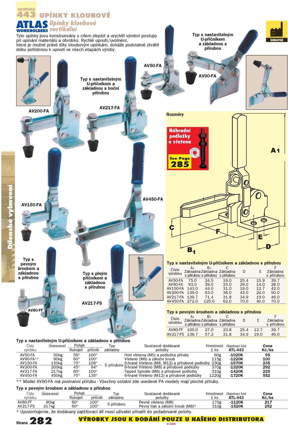 Typ s nastavitelným U-pøíèníkem a základnou s pøírubou AV50-FA Typ s nastavitelným U-pøíèníkem a základnou s boèní pøírubou AV90-FA AV200-FA AV217-FA Rozmìry Náhradní podložky a vřetena See Page 285