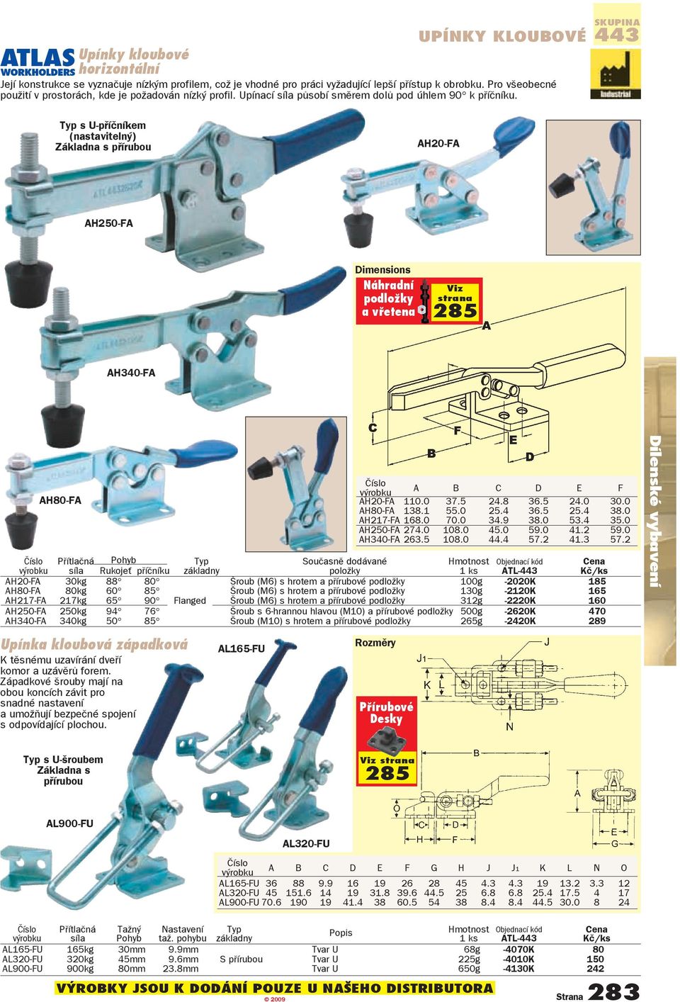 skupina 443 Typ s U-pøíèníkem (nastavitelný) Základna s pøírubou AH20-FA AH250-FA Dimensions Náhradní podložky a vřetena Viz strana 285 AH340-FA AH80-FA Číslo Pøítlaèná Pohyb Typ Souèasnì dodávané