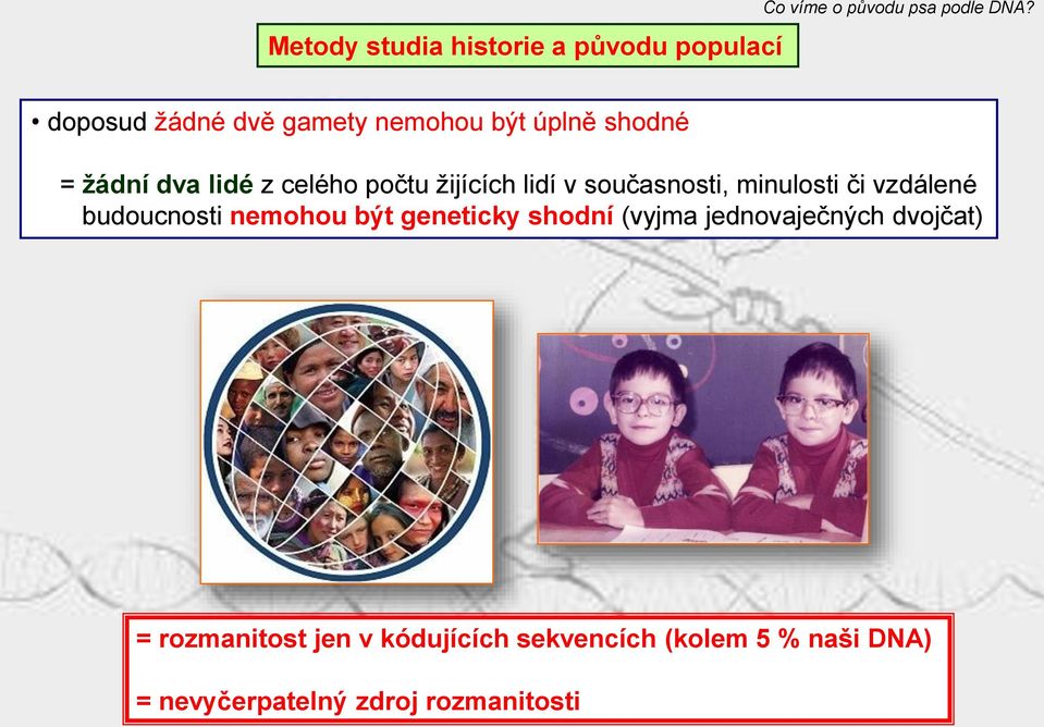 vzdálené budoucnosti nemohou být geneticky shodní (vyjma jednovaječných dvojčat) =