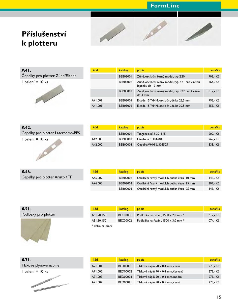 lepenku do 13 mm BEB03003 Zünd, oscilační řezný modul, typ Z22 pro karton 1 017,- Kč do 3 mm A41.001 BEB03005 Elcede 15 VHM, oscilační, délka 26,5 mm 795,- Kč A41.001.1 BEB03006 Elcede 15 VHM, oscilační, délka 30,5 mm 853,- Kč A42.