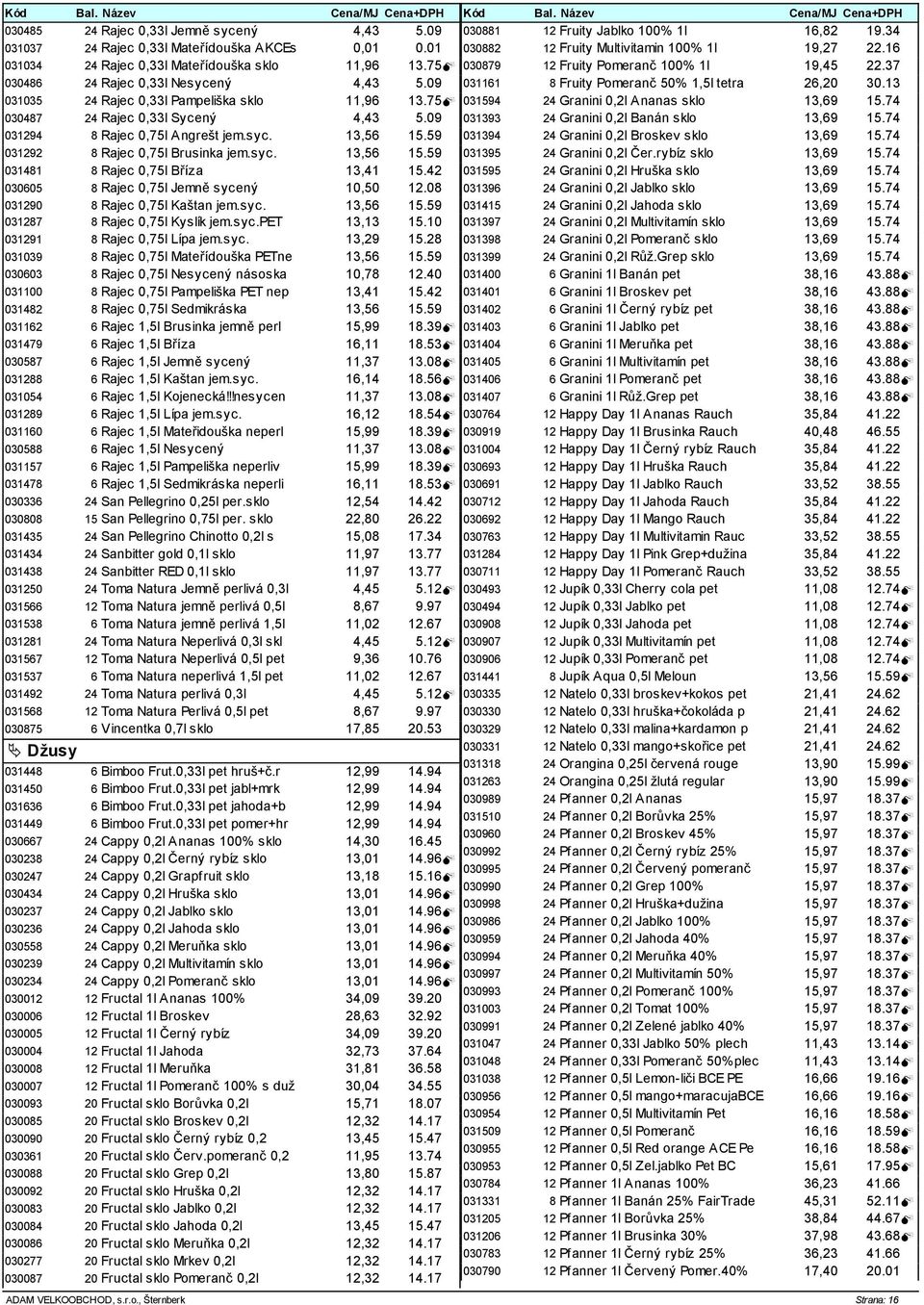 42 030605 8 Rajec 0,75l Jemně sycený 10,50 12.08 031290 8 Rajec 0,75l Kaštan jem.syc. 13,56 15.59 031287 8 Rajec 0,75l Kyslík jem.syc.pet 13,13 15.10 031291 8 Rajec 0,75l Lípa jem.syc. 13,29 15.
