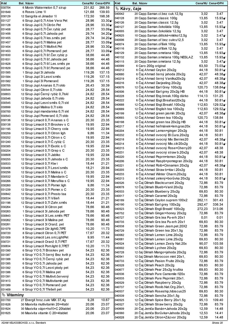 20 031457 6 Sirup Jupí 0,7l alina pet 28,77 33.09 031454 6 Sirup Jupí 0,7l ultivit.pet 28,96 33.30 031453 6 Sirup Jupí 0,7l Pomeranč pet 28,77 33.09 031630 6 Sirup Jupí 0,7l šť.čer.rybíz p 38,66 44.