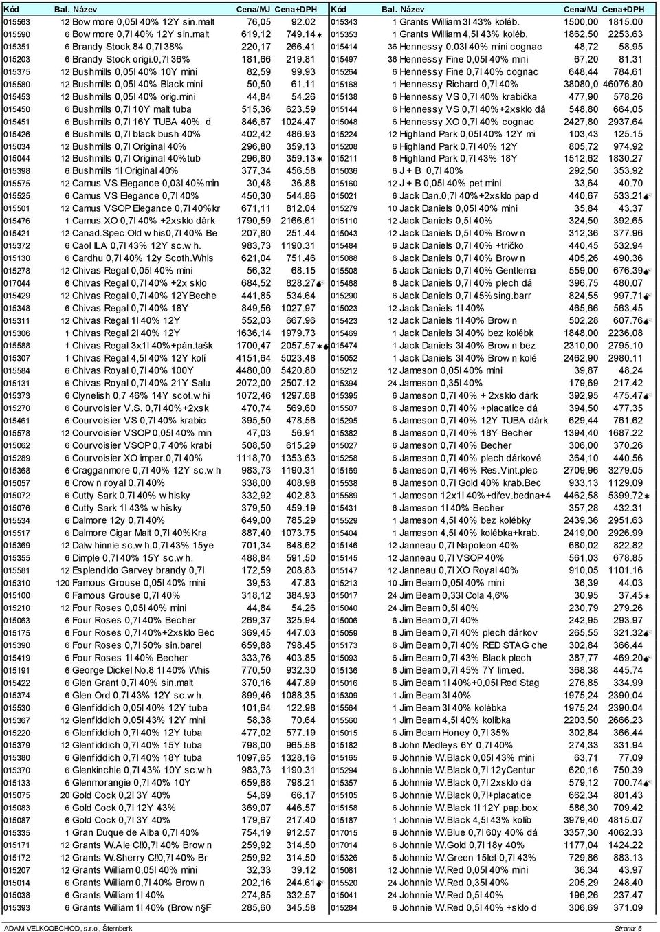 0,7l 36% 181,66 219.81 015497 36 Hennessy Fine 0,05l 40% mini 67,20 81.31 015375 12 Bushmills 0,05l 40% 10Y mini 82,59 99.93 015264 6 Hennessy Fine 0,7l 40% cognac 648,44 784.