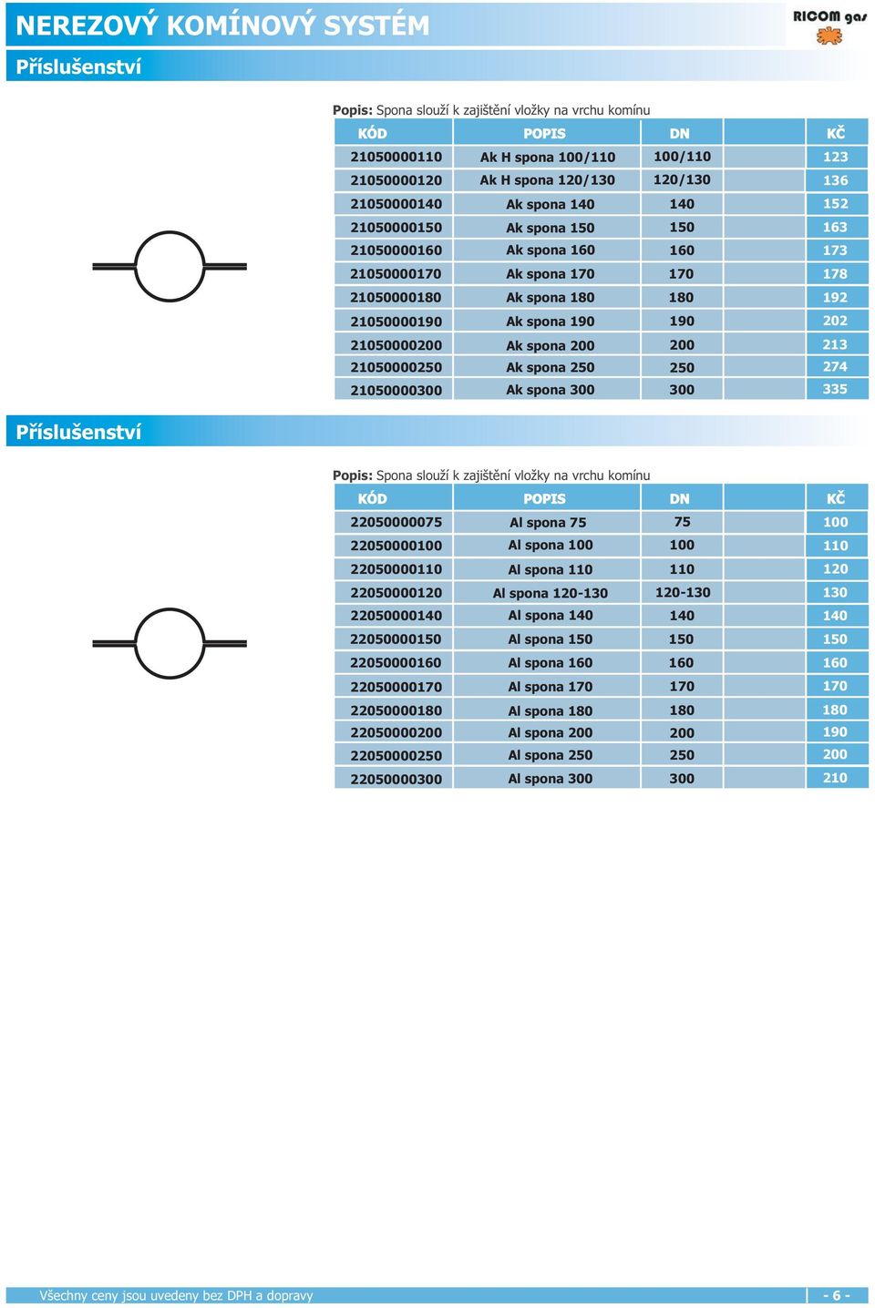 21050000200 Ak spona 200 200 213 21050000250 Ak spona 250 250 274 21050000300 Ak spona 300 300 335 Popis: Spona slouží k zajištění vložky na vrchu komínu 22050000075 Al spona 75 75 100 22050000100 Al