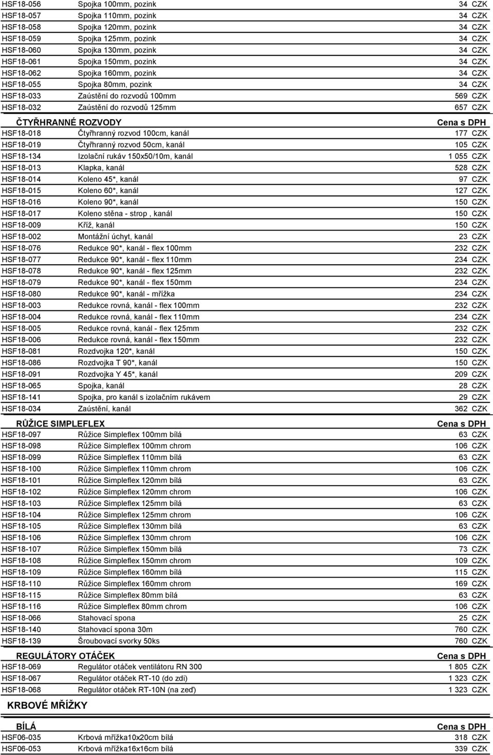 Čtyřhranný rozvod 50cm, kanál HSF18-134 Izolační rukáv 150x50/10m, kanál HSF18-013 Klapka, kanál HSF18-014 Koleno 45*, kanál HSF18-015 Koleno 60*, kanál HSF18-016 Koleno 90*, kanál HSF18-017 Koleno