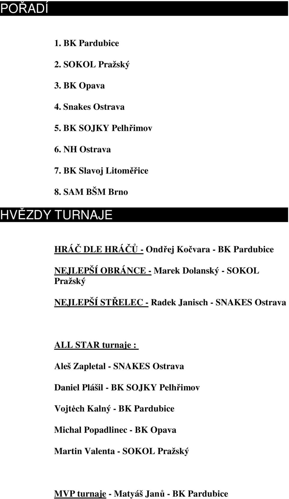 SAM BŠM Brno HVĚZDY TURNAJE HRÁČ DLE HRÁČŮ - Ondřej Kočvara - BK Pardubice NEJLEPŠÍ OBRÁNCE - Marek Dolanský - SOKOL Pražský