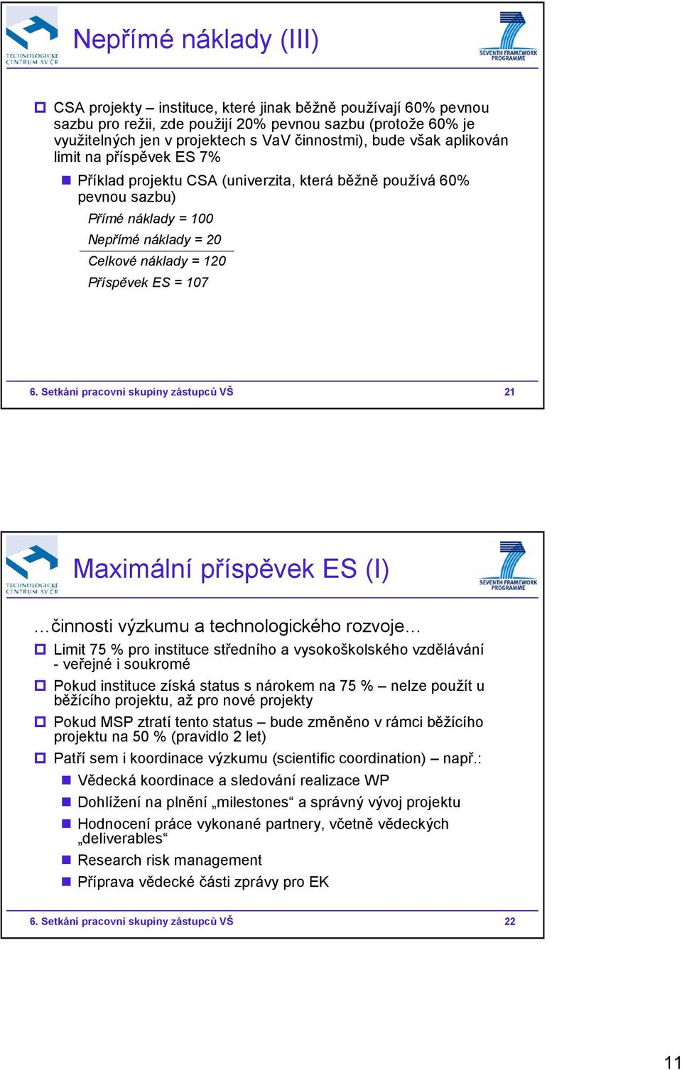 Setkání pracovní skupiny zástupců VŠ 21 Maximální příspěvek ES (I) činnosti výzkumu a technologického rozvoje Limit 75 % pro instituce středního a vysokoškolského vzdělávání - veřejné i soukromé