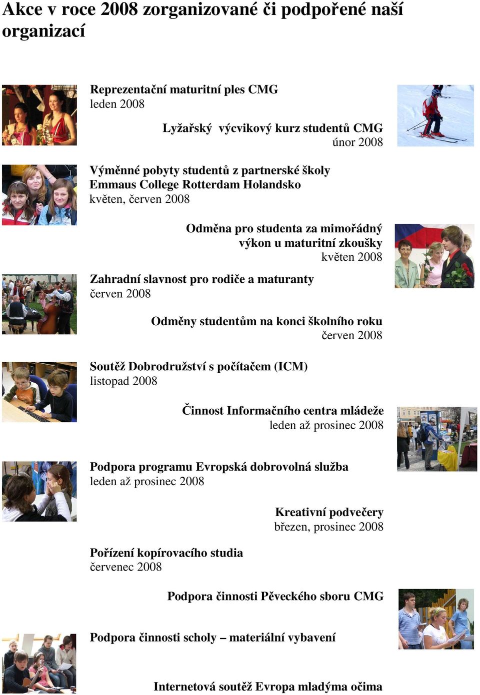 konci školního roku červen 2008 Soutěž Dobrodružství s počítačem (ICM) listopad 2008 Činnost Informačního centra mládeže leden až prosinec 2008 Podpora programu Evropská dobrovolná služba leden až