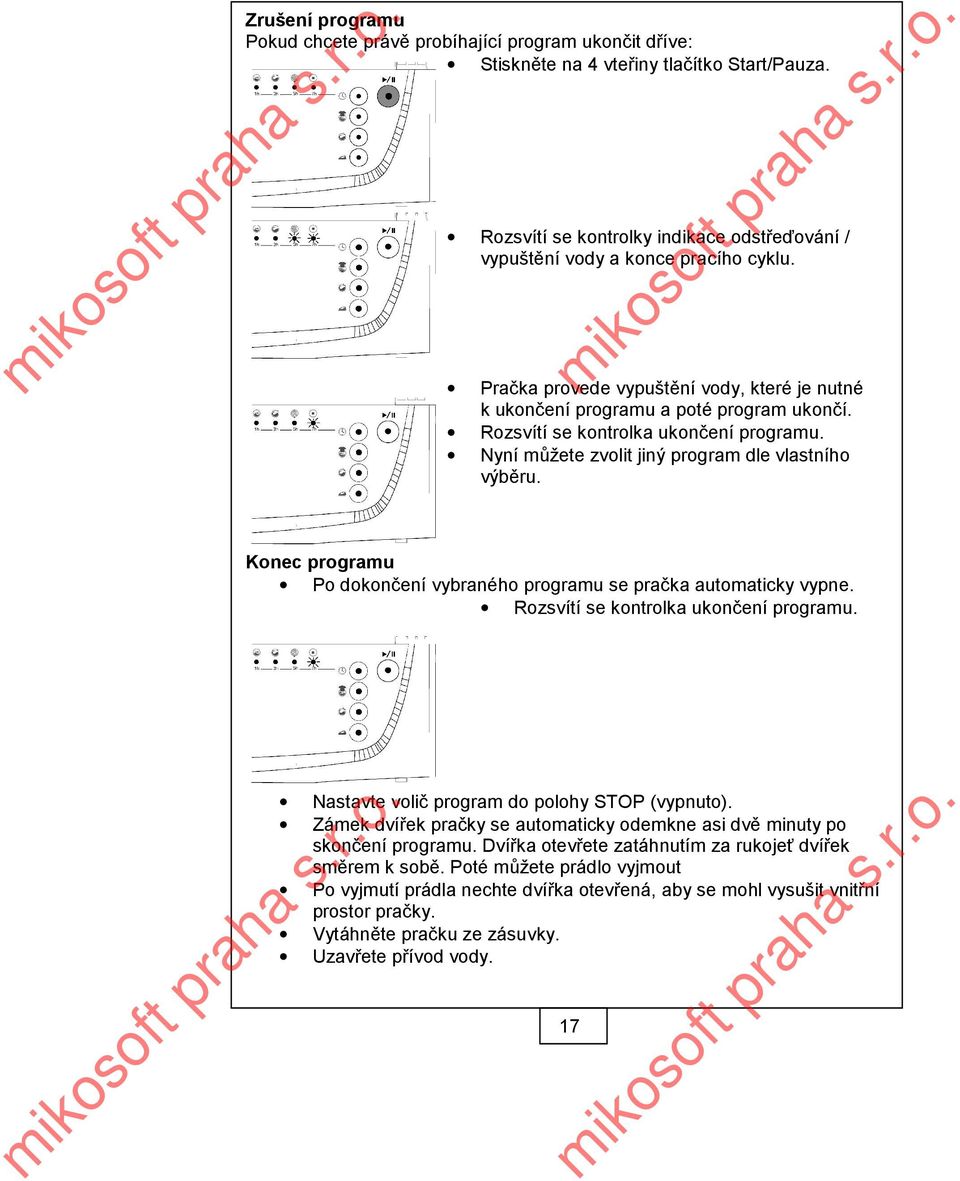 Konec programu Po dokončení vybraného programu se pračka automaticky vypne. Rozsvítí se kontrolka ukončení programu. Nastavte volič program do polohy STOP (vypnuto).