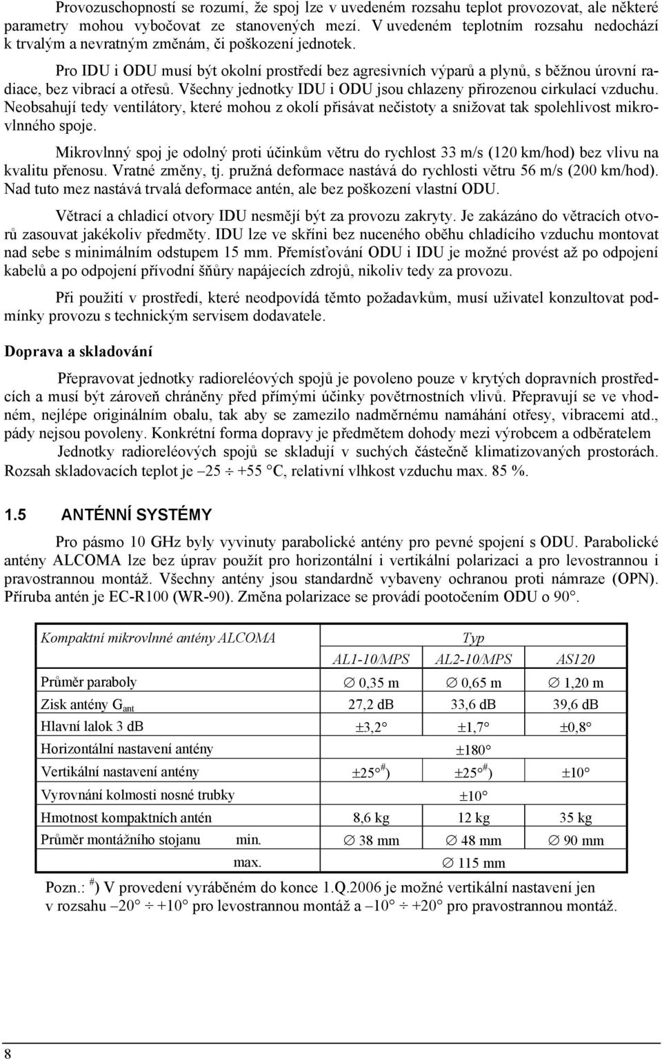 Pro IDU i ODU musí být okolní prostředí bez agresivních výparů a plynů, s běžnou úrovní radiace, bez vibrací a otřesů. Všechny jednotky IDU i ODU jsou chlazeny přirozenou cirkulací vzduchu.