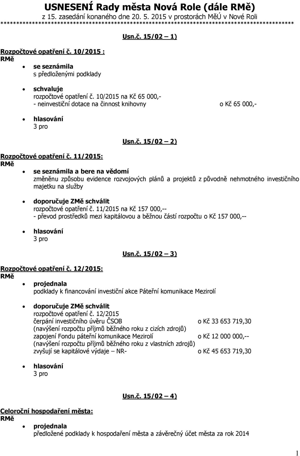 10/2015 : se seznámila s předloženými podklady Usn.č. 15/02 1) rozpočtové opatření č. 10/2015 na Kč 65 000,- - neinvestiční dotace na činnost knihovny o Kč 65 000,- Usn.č. 15/02 2) Rozpočtové opatření č.