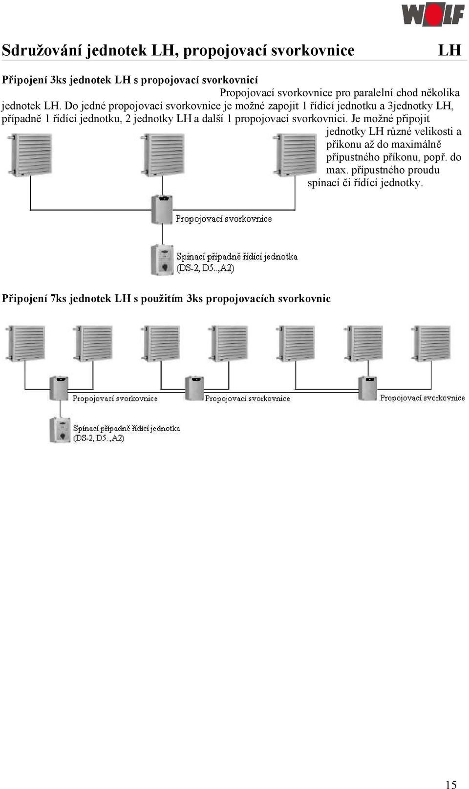 Do jedné propojovací svorkovnice je možné zapojit 1 řídící jednotku a 3jednotky, případně 1 řídící jednotku, 2 jednotky a další 1