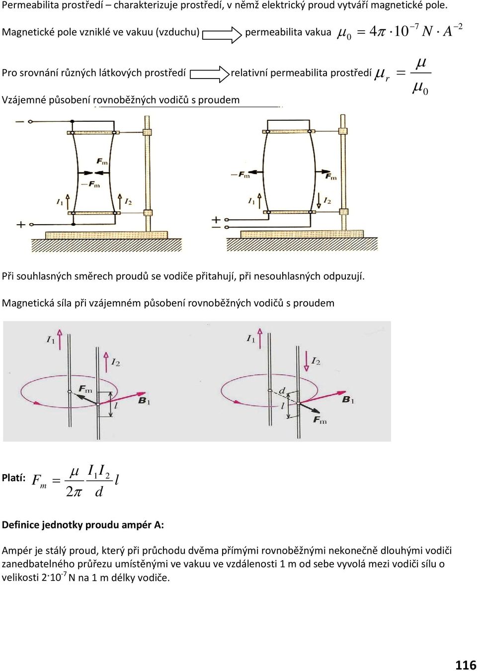 0 4π 10 7 2 = N A µ = r µ µ 0 Při souhlasných směrech proudů se vodiče přitahují, při nesouhlasných odpuzují.