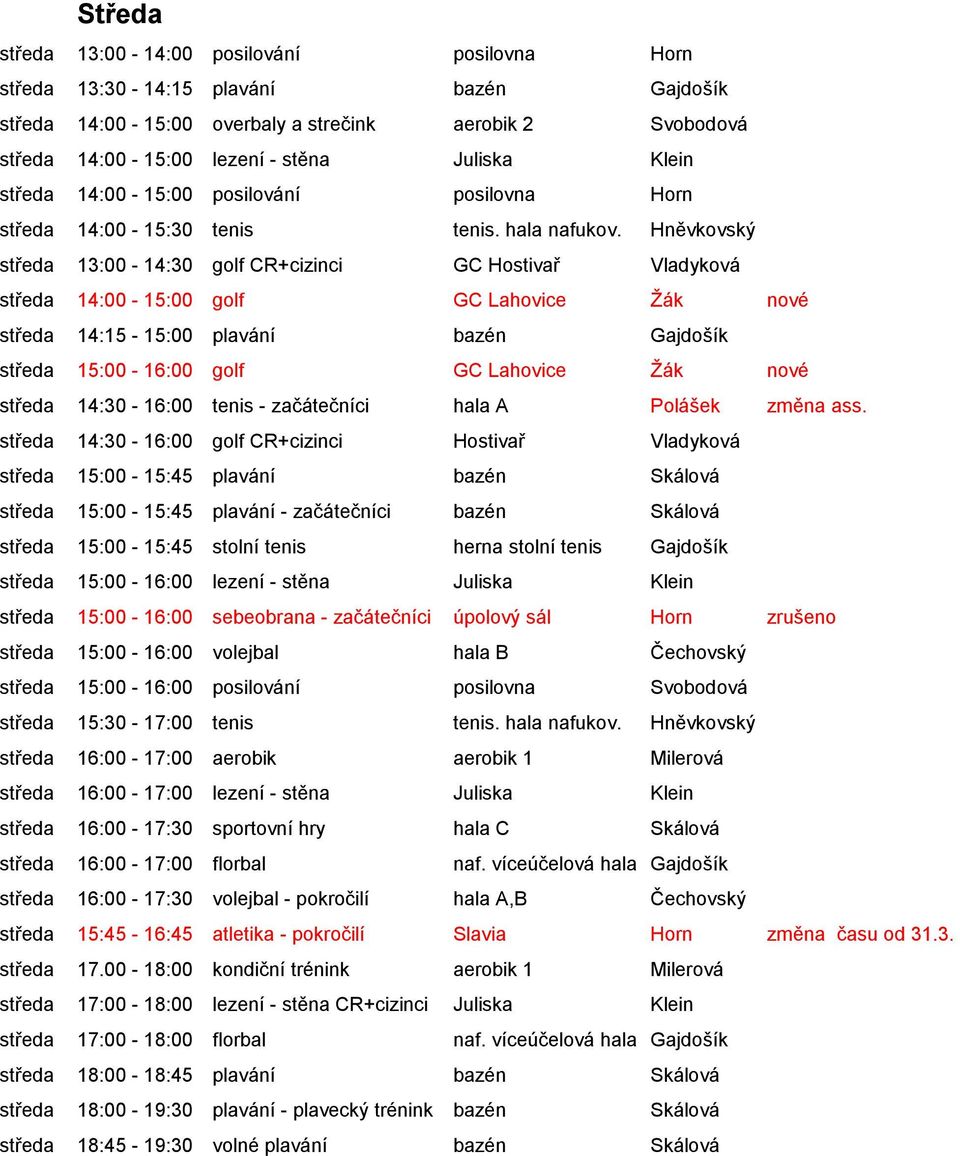 Hněvkovský středa 13:00-14:30 golf CR+cizinci GC Hostivař Vladyková středa 14:00-15:00 golf GC Lahovice Žák nové středa 14:15-15:00 plavání bazén Gajdošík středa 15:00-16:00 golf GC Lahovice Žák nové