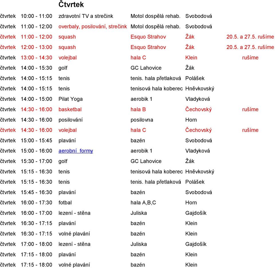 hala přetlaková Polášek čtvrtek 14:00-15:15 tenis tenisová hala koberec Hněvkovský čtvrtek 14:00-15:00 Pilat Yoga aerobik 1 Vladyková čtvrtek 14:30-16:00 basketbal hala B Čechovský rušíme čtvrtek