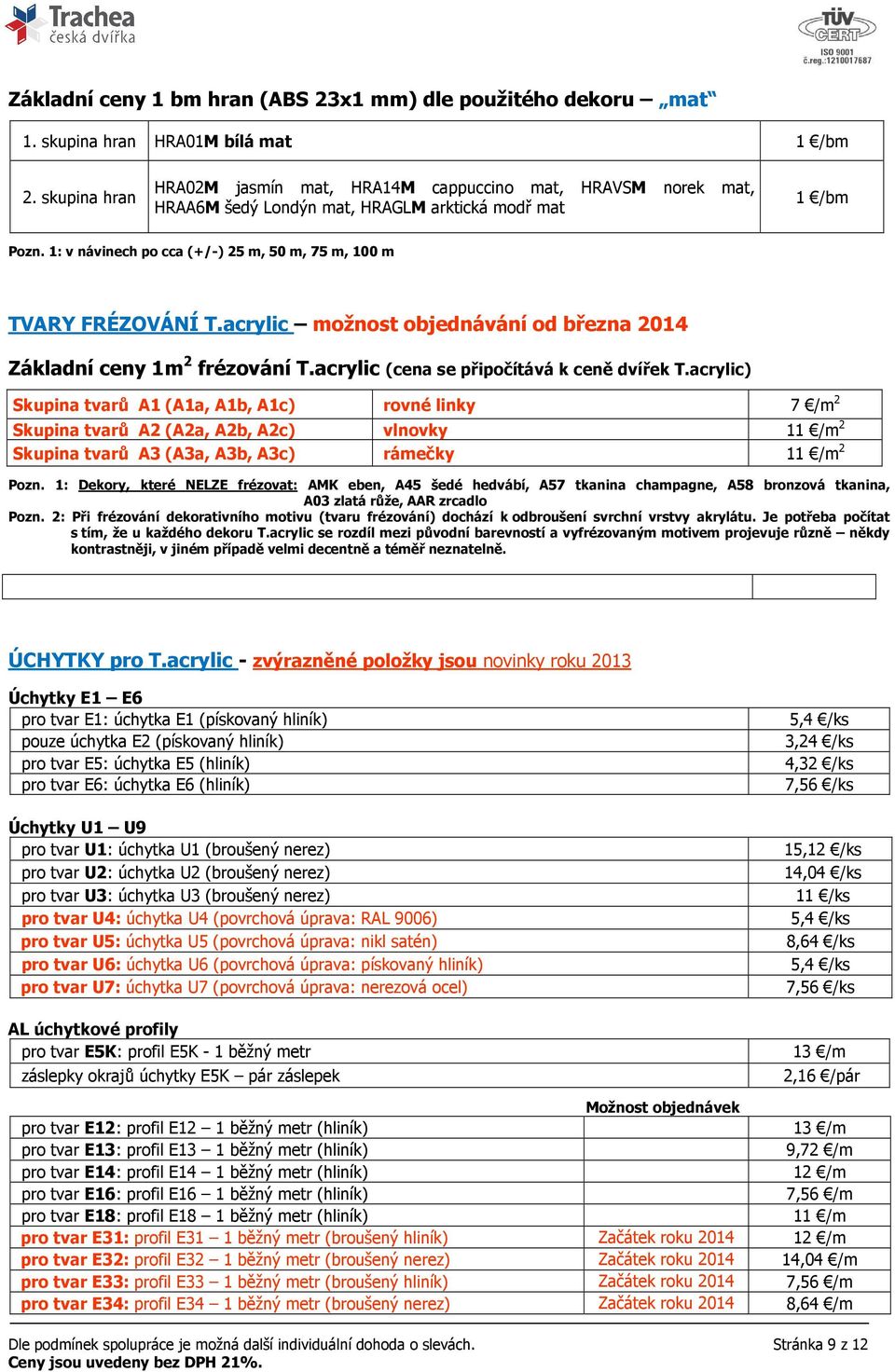 1: v návinech po cca (+/-) 25 m, 50 m, 75 m, 100 m TVARY FRÉZOVÁNÍ T.acrylic možnost objednávání od března 2014 Základní ceny 1m 2 frézování T.acrylic (cena se připočítává k ceně dvířek T.