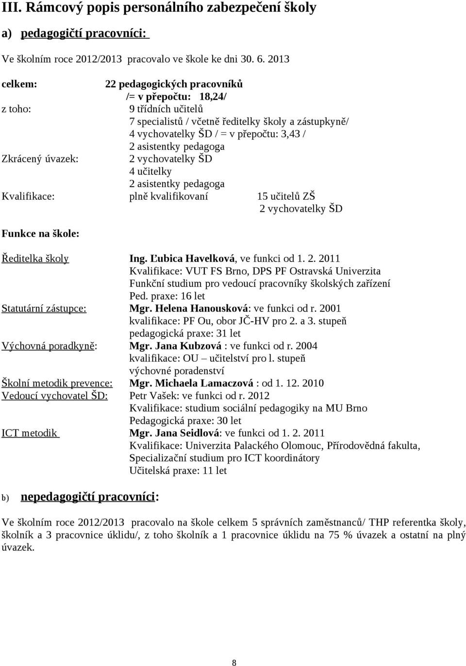 pedagoga Zkrácený úvazek: 2 vychovatelky ŠD 4 učitelky 2 asistentky pedagoga Kvalifikace: plně kvalifikovaní 15 učitelů ZŠ 2 vychovatelky ŠD Funkce na škole: Ředitelka školy Ing.