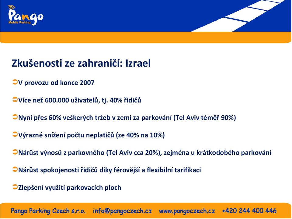 40% řidičů Nyní přes 60% veškerých tržeb v zemi za parkování (Tel Aviv téměř 90%) Výrazné snížení počtu